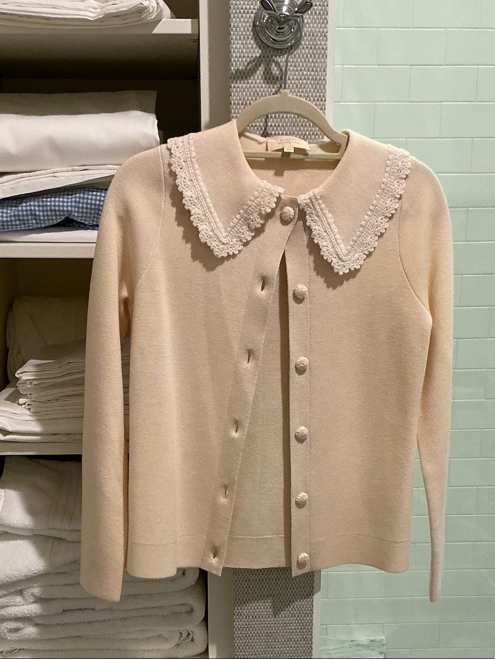Sezane Cream Lace-Collar Button Cardigan